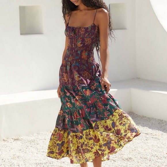 Anthropologie Dresses & Skirts - Anthropologie Purple Green Yellow Floral Tiered Midi Dress